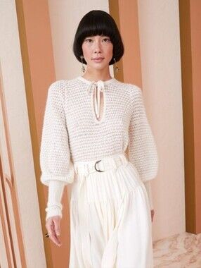 Ulla Johnson Lara Alpaca wool Tie-neck Pullover in Porcelein Puff Sleeves XS